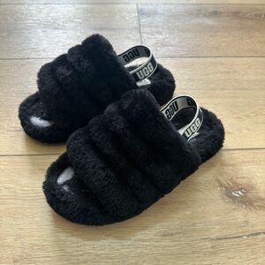 UGG Kids Black Furry Slippers